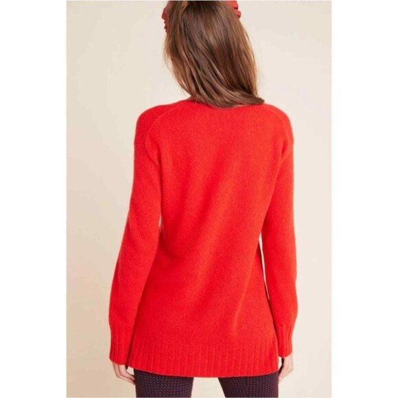 Anthropologie 100% Cashmere Size XS Tunic Sweater Red V-Neck Rib Hem Slit Hem - Picture 2 of 5